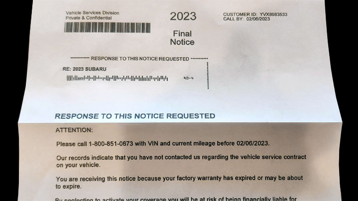 motor vehicle service notice scam