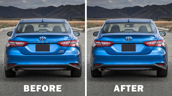 remove car badges (before and after)